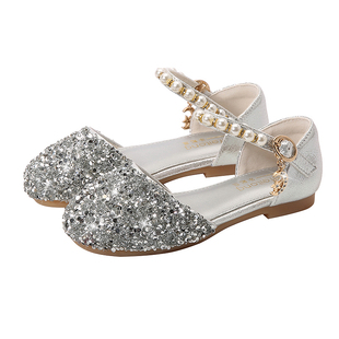 女童公主鞋小女孩水钻礼服单鞋儿童皮鞋银色软底水晶表演鞋子宝宝
