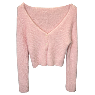 韩国东大门新款独特很漂亮~纯欲风软绵绵短款毛绒针织开衫女上衣