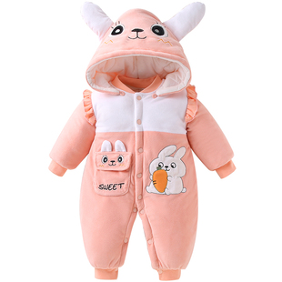 婴儿连体衣冬装夹棉加厚保暖女宝宝哈衣新生幼儿爬服棉服抱衣套装