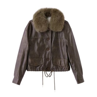 可拆卸毛领外套女秋冬休闲新款加绒皮衣加厚小个子短款机车皮夹克