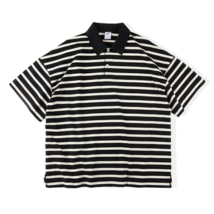 IDLT 320g重磅【廓形】polo衫落肩宽翻领条纹短袖T恤男女CITYBOY