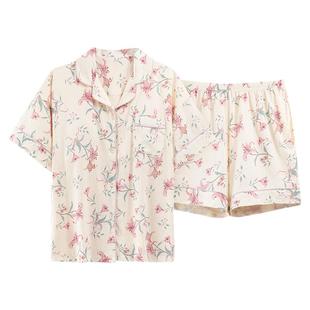 纯棉睡衣女夏季短袖短裤带胸垫薄款云朵棉家居服夏天女生开衫套装