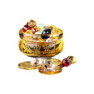 随葬品摆件聚宝盆一套黄水晶彩色元宝铜钱套装装饰陈设琉璃透明