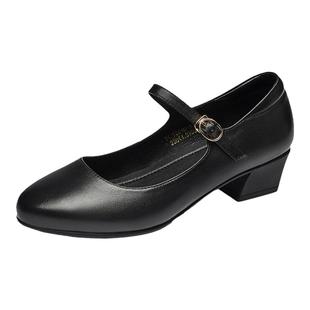 康奈真皮女鞋粗跟单鞋公务员鞋子玛丽珍鞋休闲舒适妈妈鞋黑色皮鞋