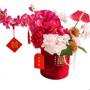 婚房喜字插花抱抱桶婚礼布置结婚用品大全新房客厅装饰仿真花摆件
