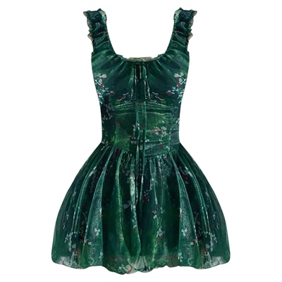 森系精灵少女感墨绿雪纺连衣裙