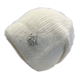 小众设计后开叉兔毛毛线帽子女冬天保暖白色针织帽雪花水钻套头帽