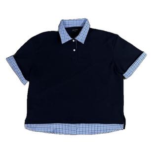 RTIMFD 藏蓝色格纹假两件polo领短袖衬衫cleanfit短宽夏高级感T恤