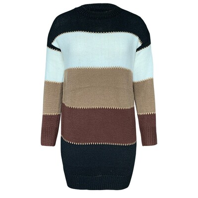 秋冬针织裙女撞色圆领毛衣连衣裙