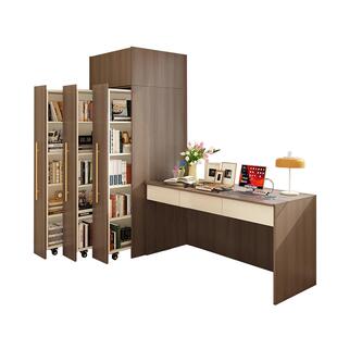 奶油风窄书柜书桌一体靠墙窄书柜侧边书架墙边窄书柜复古推拉书橱