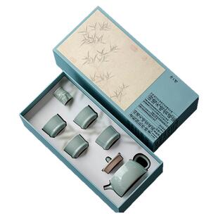 汝山明有竹汝瓷茶具套装礼盒高端汝窑功夫茶壶茶杯开片一壶四杯