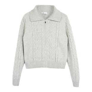 A21女装合体翻领开胸毛织外套春季新品麻花毛衣慵懒风针织开衫