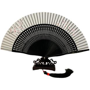 中国风水墨竹扇镂空雕花白色绿色竹梅花古风古典折扇子汉服跳舞蹈