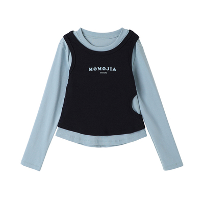 布丁哈鲁童装秋装女童百搭上衣2026春秋新款儿童假两件字母T恤