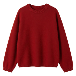 波尔多红色圆领针织衫套头毛衣女冬季新款宽松慵懒风加厚保暖上衣