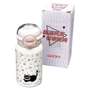 波点猫高颜值保温杯316女生不锈钢便携学生可爱韩式吸管水杯男女