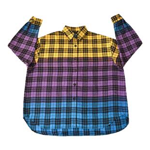 H AND E 原创童装2026早秋新款女童黄紫蓝晕染格子衬衫长袖外套