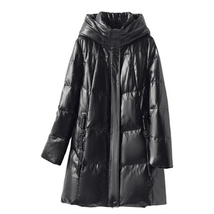 绵羊皮羽绒服女士中长款连帽韩版宽松大码90白鸭绒外套冬季真皮衣