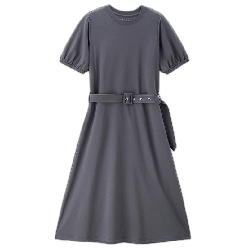 佐丹奴裙子女夏季新款优雅通勤腰带收腰泡泡袖圆领连衣裙13465302