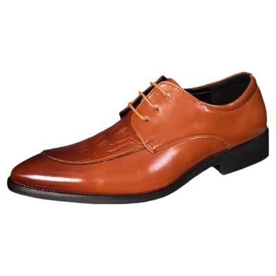 棕色尖头皮鞋男士商务正装年轻款鳄鱼纹一脚蹬内增高休闲男鞋结婚