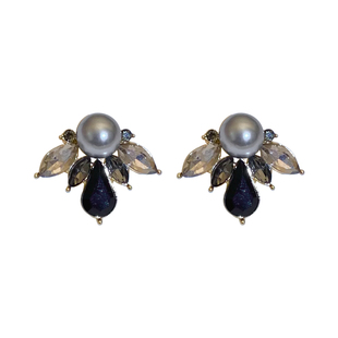 小众独特气质黑色花瓣镶钻珍珠耳钉女耳环高级感耳饰新款2025爆款