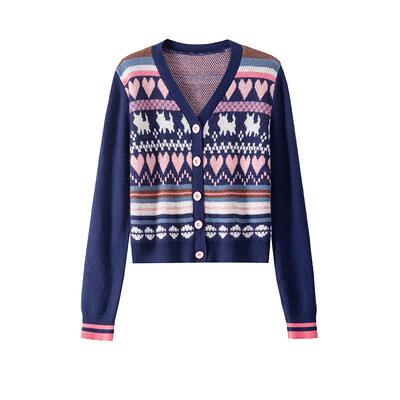 bananacici爱心猫咪V领毛衣外套