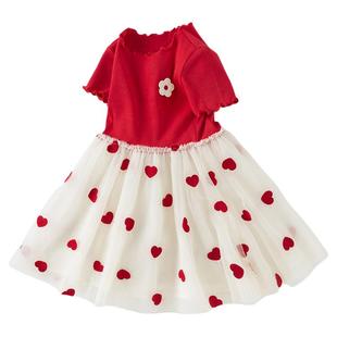 戴维贝拉女童连衣裙夏装儿童网纱公主裙宝宝针织红色裙子洋气童装