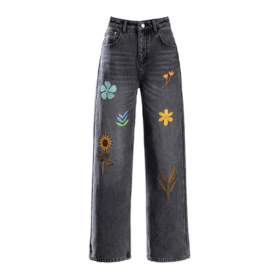 花朵刺绣牛仔裤女黑色加绒阔腿裤