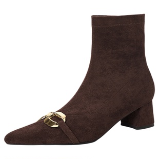 St&Sat/星期六法式方扣瘦瘦靴女小个子绒面粗跟短靴厚底弹力靴女