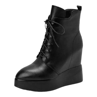 恨天高靴子女12CM坡跟内增高短靴2024秋冬头层牛皮粗跟加绒马丁靴