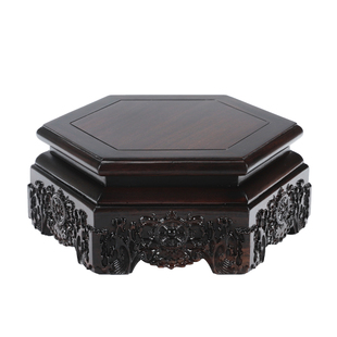 实木黑檀六角水浪底座关公财神佛像盆景古典雕花工艺品加高木托