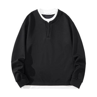 痞帅黑色假两件圆领卫衣男秋季男装美式休闲宽松大码男生上衣潮