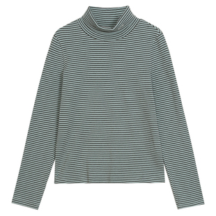 omont蛋挞家 高领细条纹T恤女秋冬新款复古刺绣修身内搭打底上衣