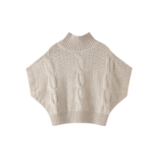 【现货】70羊毛蝙蝠袖套头短袖毛衣女冬设计感高领镂空针织衫