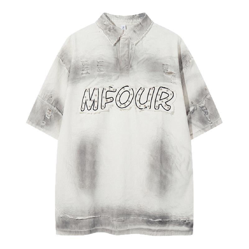 M.FOUR高街风做旧水洗破洞字母短袖T恤男女情侣宽松小众设计感