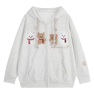 YUZI鱼子可爱小狗刺绣卫衣外套小狗刺绣连帽女薄绒宽松大码女装