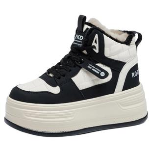 冬季加绒高帮鞋女款2025新款小个子厚底内增高板鞋休闲小白鞋百搭