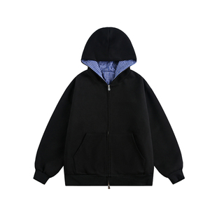 FAFC春季美式Cleanfit撞色格子重磅连帽卫衣男款宽松休闲百搭外套