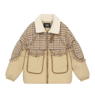 妖精的口袋粗花呢羊羔毛拼接羽绒服女2025冬新款面包服短款厚外套