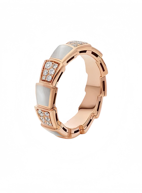 屿瑶宽版蛇骨戒指女白贝母双层镶钻灵蛇指环食指叠戴风高级感配饰