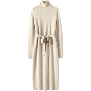 气质狂加分!系带加厚高领羊绒衫女长款连衣裙纯羊绒毛衣针织裙子