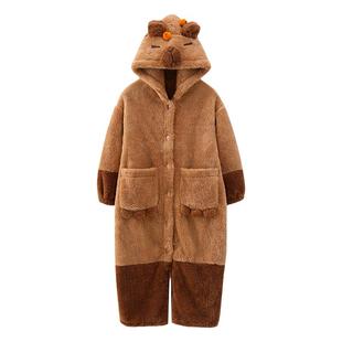 卡皮巴拉女童珊瑚绒睡袍秋冬季法兰绒加厚长款睡裙女孩可爱家居服