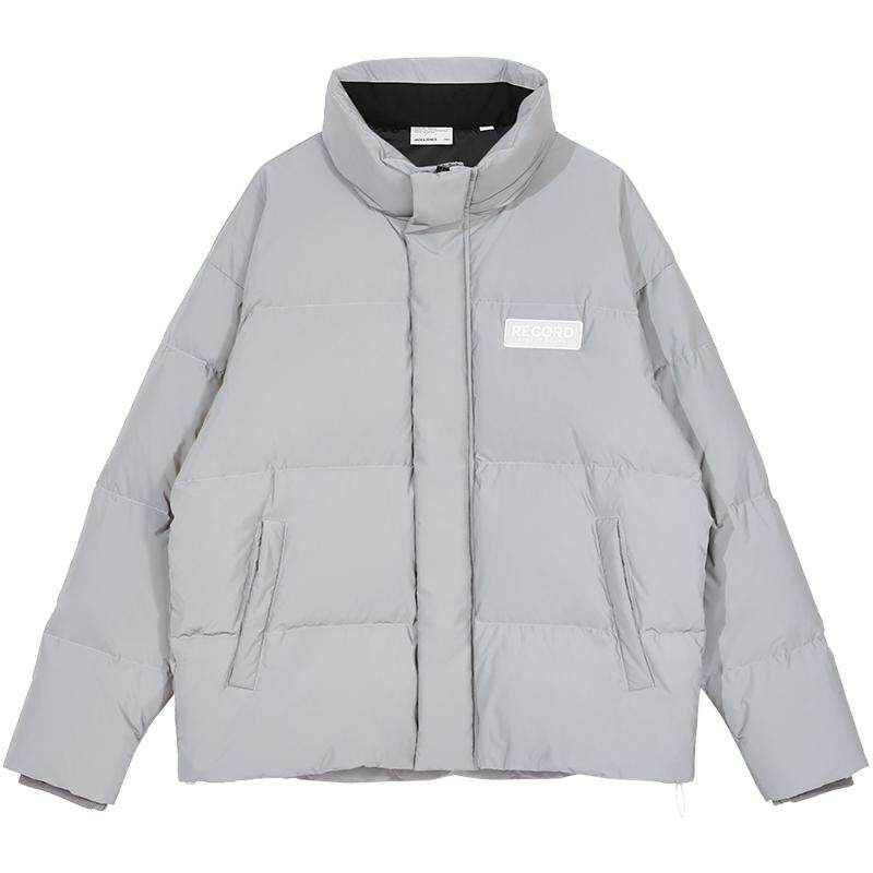 杰克琼斯男装冬季新款潮流加厚反光纯色宽松立领短款羽绒服外套男