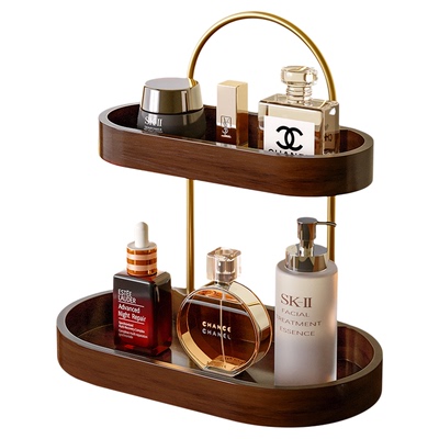 进口橡胶木中古双层化妆收纳架