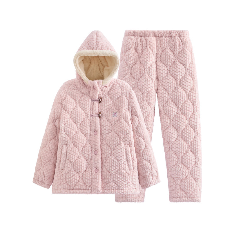 芬腾睡衣女冬季珊瑚绒三层夹棉加绒加厚连帽家居服法兰绒棉袄套装
