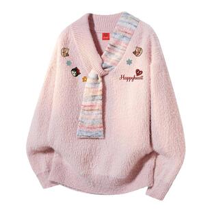 查尔斯桃心小猫印花围巾拼接慵懒毛衣男女冬季新款圣诞休闲针织衫