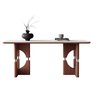 实木餐桌小户型家用简约轻奢长方形全托底板白蜡木中古风岩板餐桌