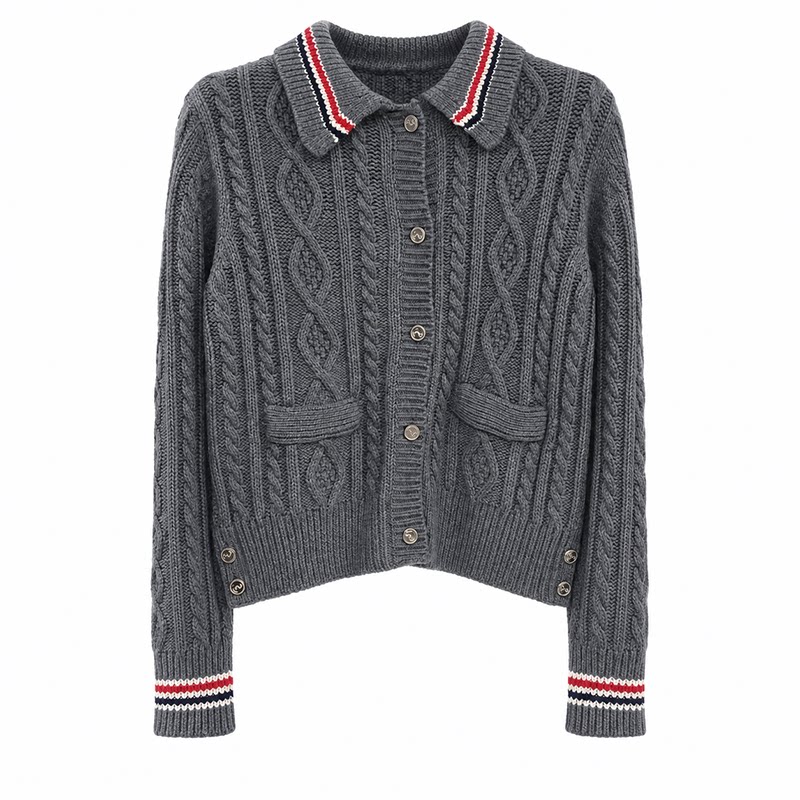 TB翻领毛衣开衫女麻花针织外套