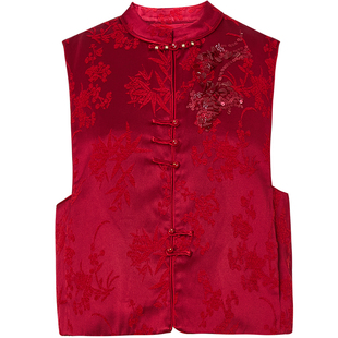 QS秸熙26春秋新中式轻国风植绒绣花马夹亮片无袖提花马甲外套上衣