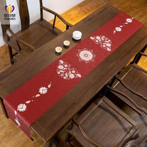 莲运花开桌旗轻奢高端茶席垫子中式复古茶台桌布红色结婚茶桌垫布